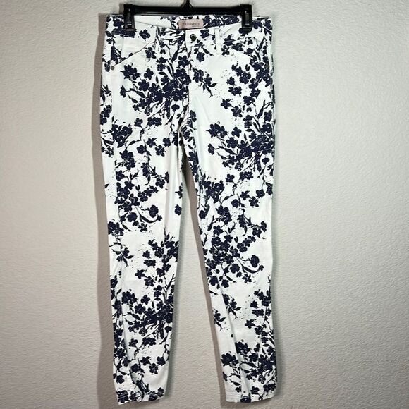 Philosophy Republic Clothing White‎ Navy Blue Floral Ankle Pants Womens Sz 6 - Picture 1 of 8